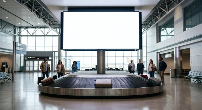 Blank white massive digital billboard mockup at airport baggage claim