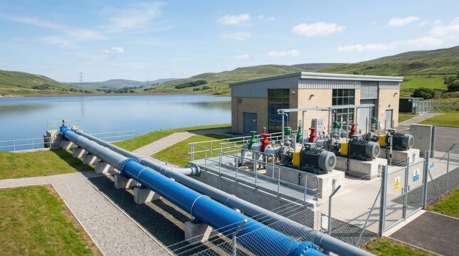 A large blue pipeline runs alongside a water reservoir. A modern building with pumps and machinery is situated near the pipeline.