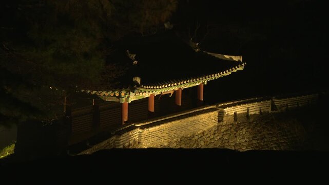 Traditional Korean watchtower on a fortress wall
