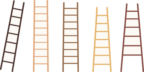 Wooden Ladder Set in Various Brown Shades for Construction, Home Repair, Climbing, and Industrial Tool Illustration Designs © MstTazmina