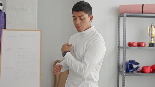 Young man shadowboxing with fists near boxing gloves, dumbbells and a trophy on shelving in a training studio; focus determination.