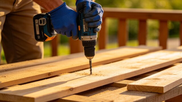 Person using drill on wooden planks
