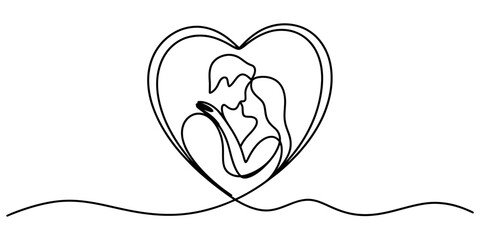 Obraz premium Continuous line drawing of a loving couple embracing inside a heart shape symbol Vector, illustration