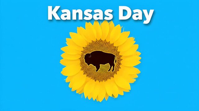 Kansas day celebration graphic with a yellow sunflower and a black bison silhouette on blue background