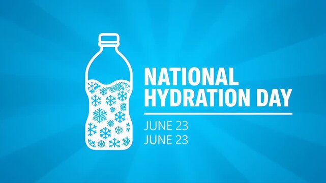 National hydration day with water bottle icon and snowflakes on blue background motion graphic