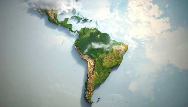 South America Continent Map 3D Globe View with Clouds and Sky
