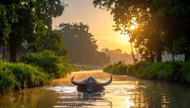 Buffalo swims through calm water at sunrise, surrounded by lush green foliage and golden light