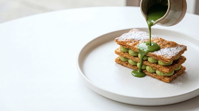 Pouring rich matcha glaze over a crispy mille-feuille pastry on white plate.