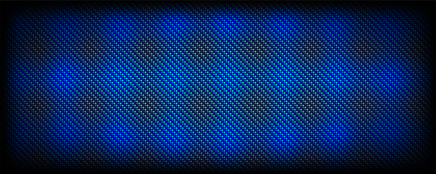 Dark blue pixel screen pattern. Glowing LED TV screen background. LCD display grid dots wallpaper. Glow diode pixels video wall concept. Projector or television monitor texture backdrop. Vector