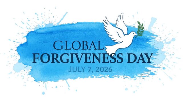 Global forgiveness day greeting card with a white dove and blue watercolor splash background design