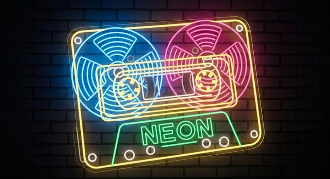 Retro neon cassette tape glowing on a dark brick wall vibrant blue pink and green lights illuminating the nostalgic music symbol perfect for 80s themes