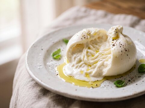 Fresh Italian burrata cheese split open with a creamy center and olive oil