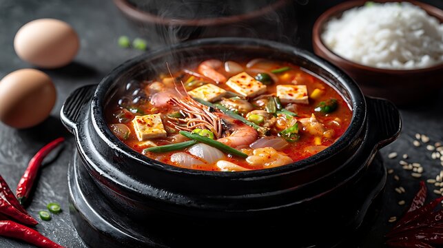 A black earthenware bowl (ttukbaegi) actively bubbling with sundubu-jjigae, intensely red, spicy stew with soft silky tofu cubes