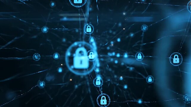 Cyber security network with glowing blue digital lock icons representing data protection technology