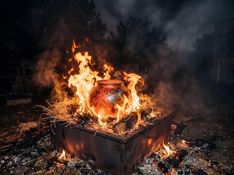 Traditional Raku ceramic pot glowing red hot in intense flames and smoke