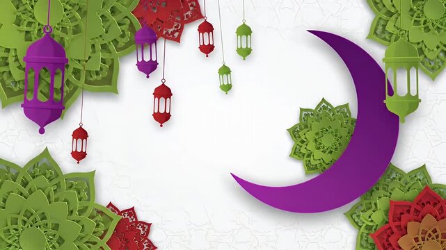 Ramadan kareem crescent moon with hanging lanterns and floral mandala ornaments paper art style