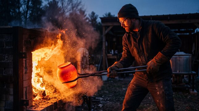 Artisan removing a glowing hot ceramic vessel from a fiery raku kiln.