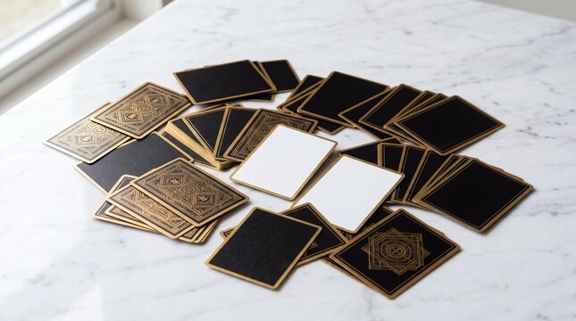 Scattered black and gold playing cards with blank mockup cards on marble