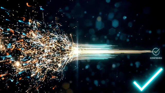 Streaming digital neon particles formatting into organized data lines with bright checkmark sign showing confirmed status over abstract dark background with hexagon cells and technological patterns