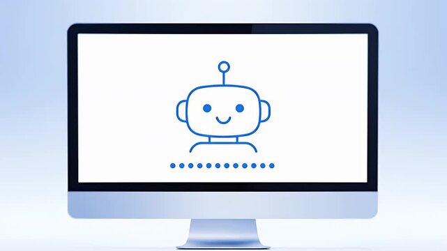Robot chatbot icon loading animation on a computer screen for digital customer support interface