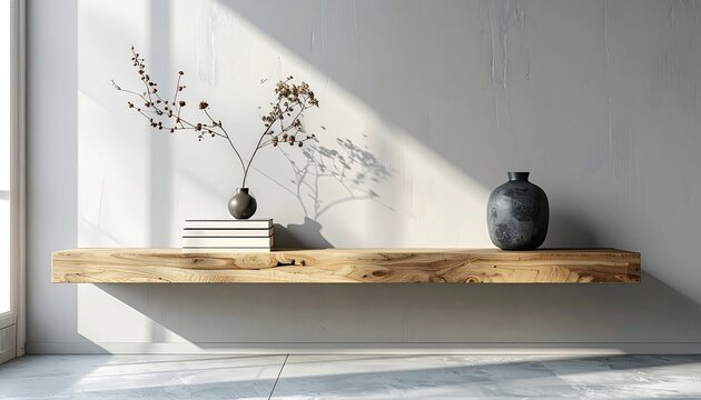 Minimalist floating wooden shelf in bright living room with dried pampas grass arrangement and ceramic vase on textured wall