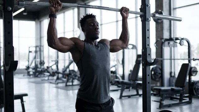 Young athlete showcases strength and determination while performing pull ups in bright, energetic gym environment, focusing on fitness and training
