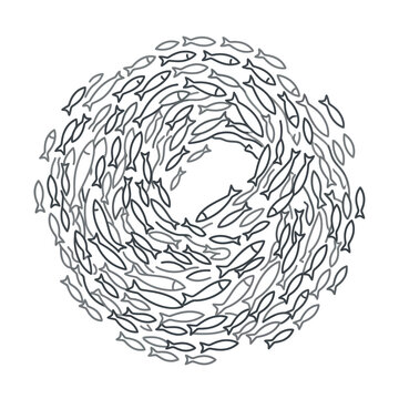 Circular school of fish line art icon