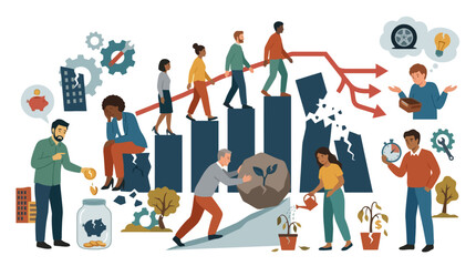Fototapeta premium Diverse group of people facing economic crisis and financial challenges illustration. EPS Editable. Vector Illustrations.