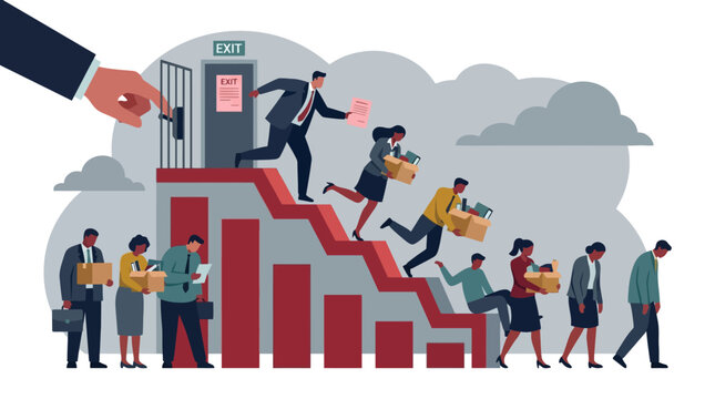 Corporate layoffs and unemployment concept with employees leaving office building. EPS Editable. Vector Illustrations.