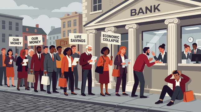 Crowd of anxious people waiting in line at bank during economic crisis. EPS Editable. Vector Illustrations.