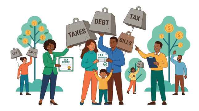 Diverse group of people struggling with financial debt and tax burdens. EPS Editable. Vector Illustrations.