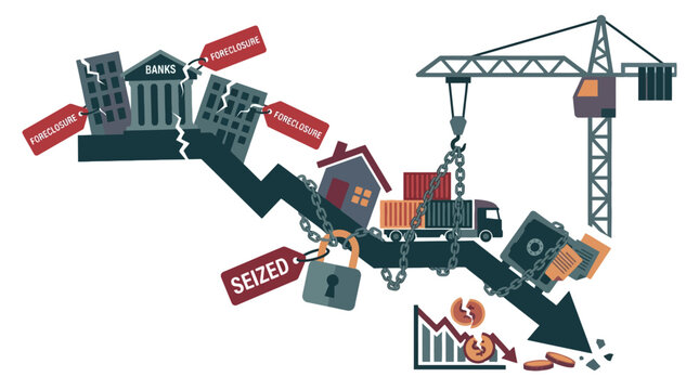 Economic crisis concept with seized assets and falling financial graph. EPS Editable. Vector Illustrations.