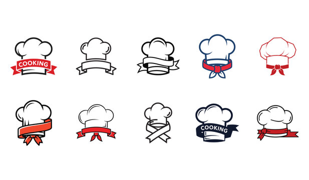 Set of ten chef hat logo designs with ribbon banners and cooking text vector elements for culinary school restaurant branding.