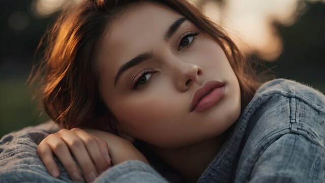 Close up portrait of a pensive young woman leaning on her arms in warm evening sunlight, Generative AI