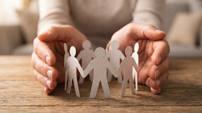 A person's hands protectively cupping around a circle of white paper cut-out figures on a rustic wooden surface, symbolizing community and support.