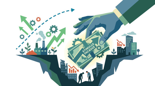 Hand dropping stimulus package money into a struggling city economy. EPS Editable. Vector Illustrations.