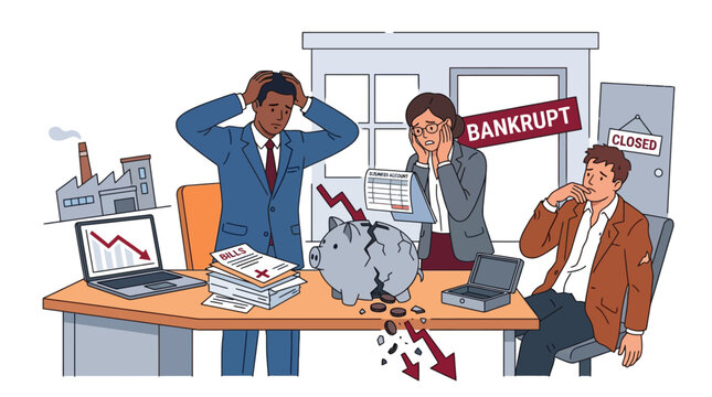 Stressed business team facing financial bankruptcy and economic crisis in office. EPS Editable. Vector Illustrations.