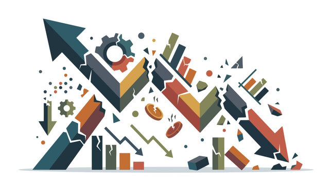Abstract financial chart showing market volatility and economic decline with broken arrows and bar graphs. EPS Editable. Vector Illustrations.
