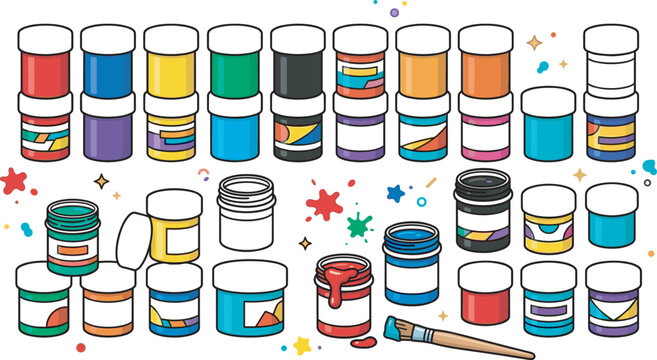 Art school and workshop supplies collection featuring vibrant gouache jars acrylic paints paintbrush and colorful ink splashes for creative education and handmade hobbies vector illustration