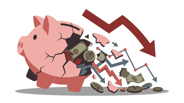 Broken piggy bank with falling financial chart and money loss. EPS Editable. Vector Illustrations.
