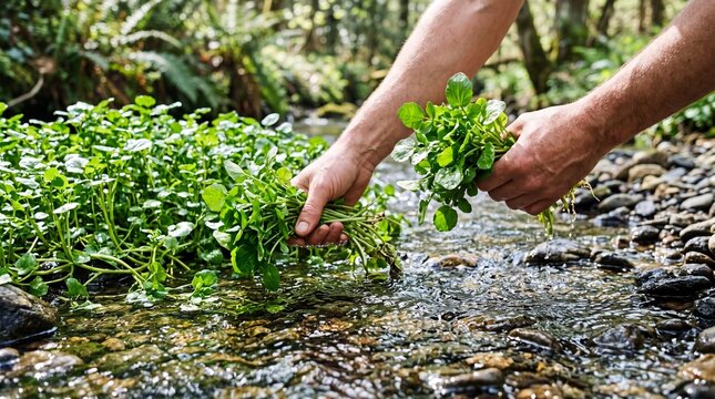 Hands harvesting fresh wild watercress in a clear flowing forest stream