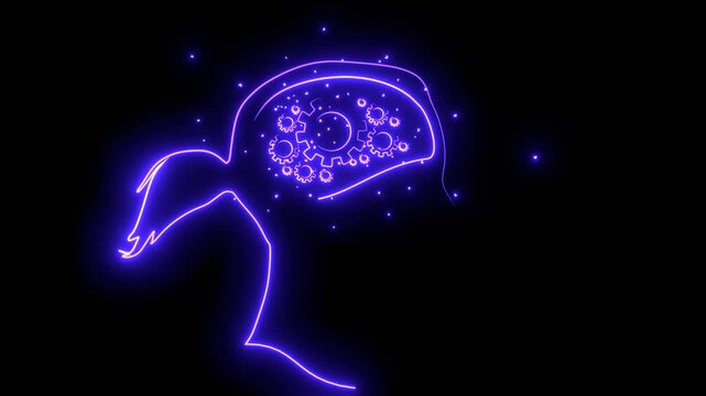 Female head with gear wheels inside. Productivity, effectiveness concept. Intelligence and knowledge development with brain performance. Gears as thoughts glowing with energy and particles.