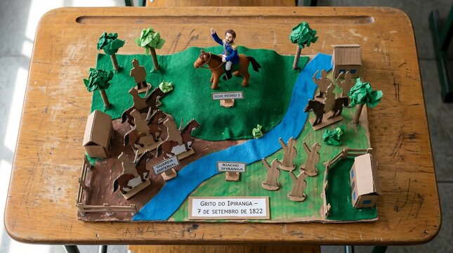 Top-down flat lay photo of an open-board school diorama project about Grito do Ipiranga and Riacho Ipiranga on a wooden desk for Brazil Independence Day educational asset and copy space