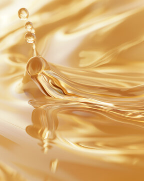 Golden Peptide Elixir Flow with Suspended Serum Droplets and Liquid Skincare Radiance