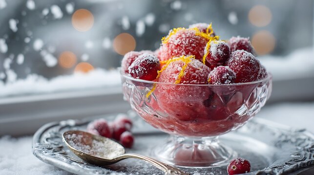 Red cranberry and orange sorbet in a crystal bowl on a silver platter with winter snow background