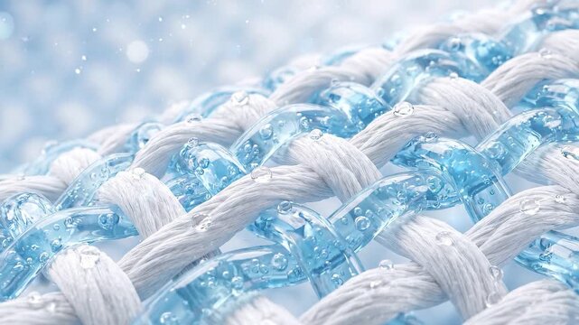 Woven fabric water droplet blue gel on white fiber macro texture textile pattern glossy moisture bead across braided strand clean absorbent material soft hygiene freshness background