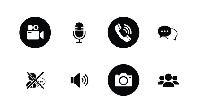 Minimalist communication icon set features camera microphone and people symbols in black and white for digital app interface design.