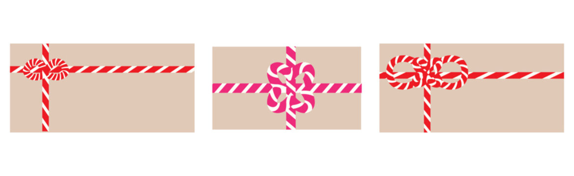 Abstract decorative traditional Japanese gift box ribbon rope vector illustration set. Simple geometric striped cord bow knot envelope layout collection, minimalist pink red festive package banner iso
