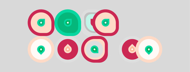 Fototapeta premium Colorful circles with central dots. Various shades present, arranged on gray background. Simple geometric shapes dominate composition.
