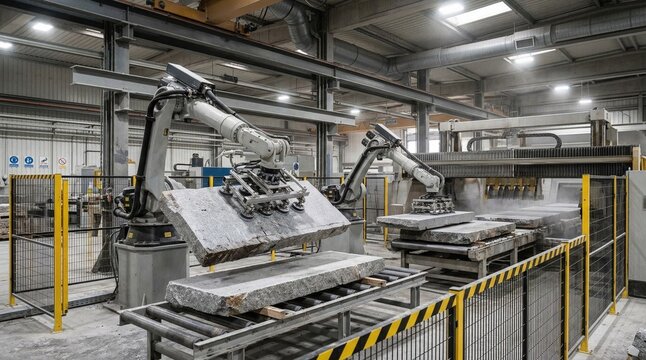 Robotic arms precisely lifting and rotating heavy stone slabs in an automated loading saw environment ensuring safety and efficiency in industrial stone processing.
